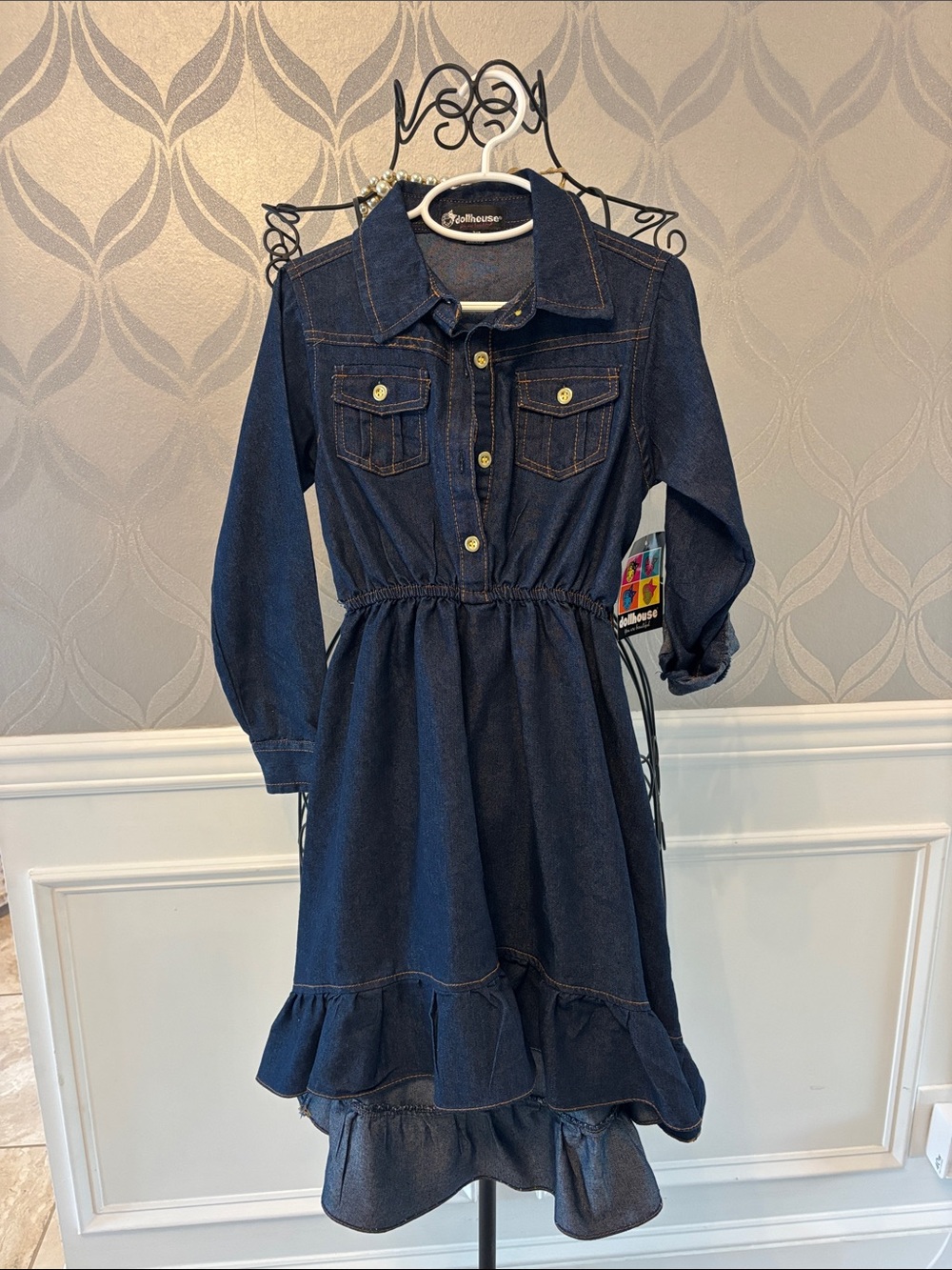 Dollhouse Dark Blue Denim Shirt Dress with Ruffle Hem